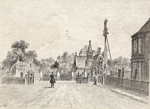 Entrance to the Spring Bank Cemetery, showing the Botanic Gardens Level Crossing, 1889 (image/jpeg)