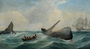Harpooned sperm whale with head upturned and overturning a whale boat alongside