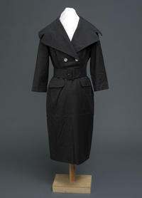 Woollen grey dress with pencil line skirt and wide collar, c. 1950=55